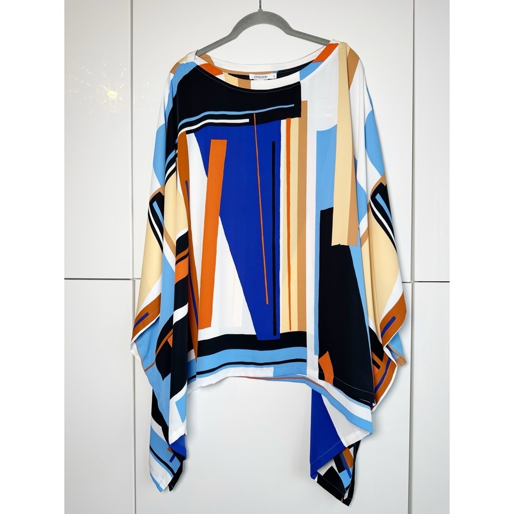 Chicos Poncho Multicolor Geometric Size Large Blue Black White Resort Vacation